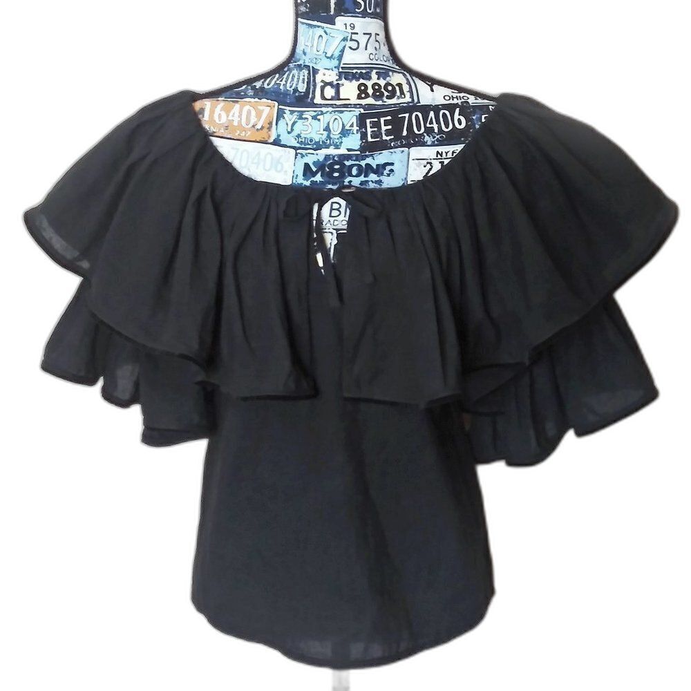 RHODE RESORT Blanca Off Shoulder Tiered Ruffle Top Cotton-Voile Neck Tie Black - Picture 12 of 12